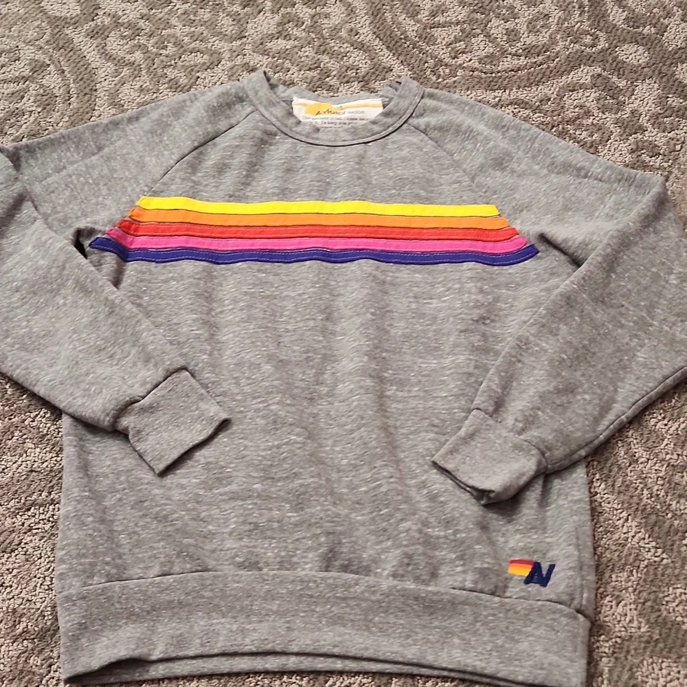 Aviator Nation Gray Sweatshirt with Yellow, Orange, Pink & Purple Stripes